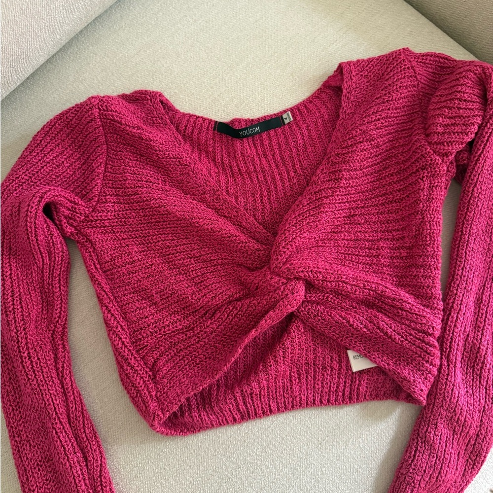 Pink Ribbed Crop Top with Tie Front - Picture 2 of 4